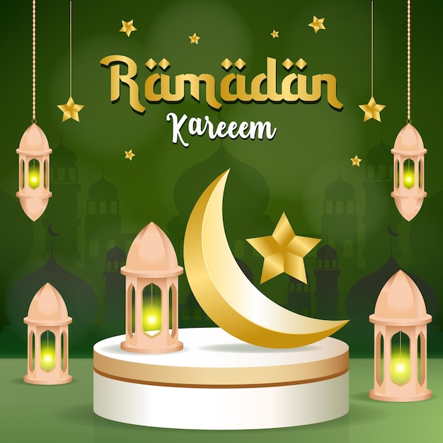 Ilustração vetorial ramadan kareem com ornamento de pódio e lanterna