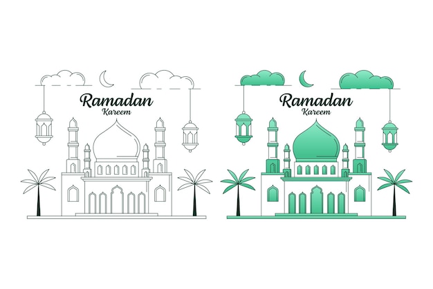 Ilustração vetorial ramadan kareem monoline ou estilo de arte de linha mesquita lanterna lua nuvem