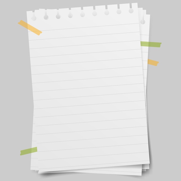 Ilustração vetorial realista de folhas em branco de papel forrado de um bloco isolado