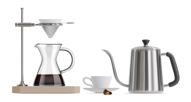 Ilustração vetorial realista detalhada em 3D da máquina de café de verter de vidro