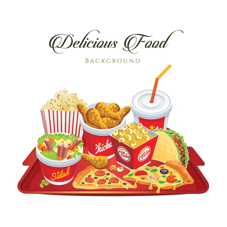 Vetor ilustração vetorial rica em alimentos de pop corn, frango frito, arroz frito, pizza, sanduíche de hambúrguer