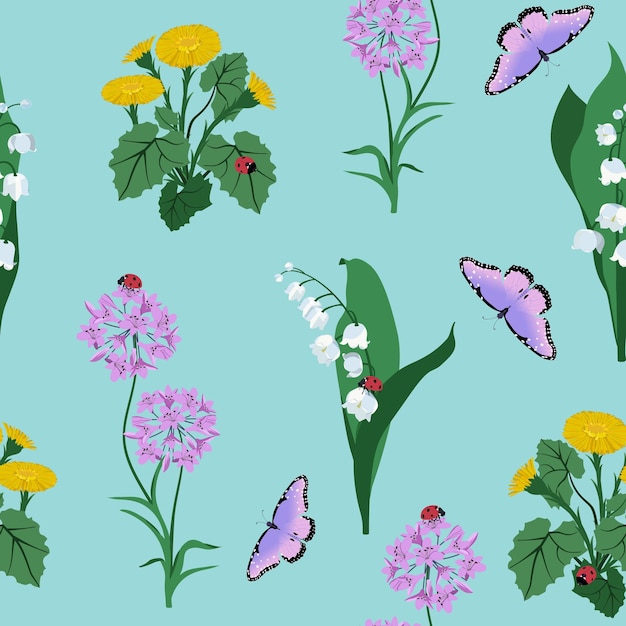 Vetor ilustração vetorial sem costura com flores silvestres libélulas e mariposas