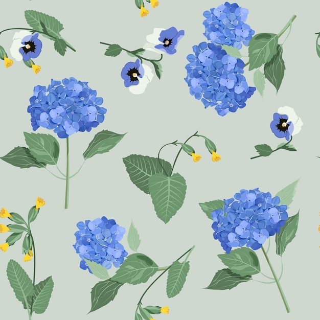 Ilustração vetorial sem costura com hortênsia azul e pansies em um fundo cinza