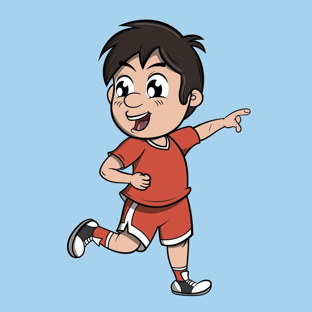 Ilustração vetorial sem fundo de um menino em um uniforme de jogador de futebol apontando para o gol