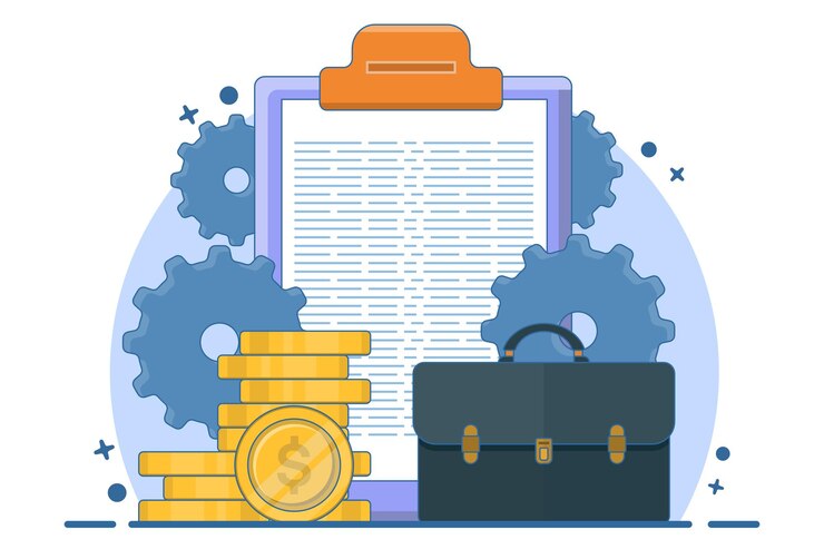 Vetor ilustração vetorial sobre concept design portfolio com maleta com documentos e moedas de ouro