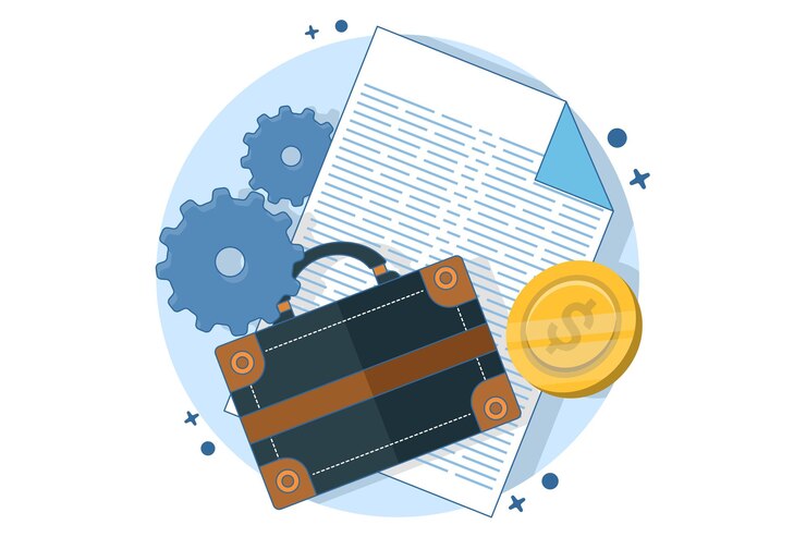 Vetor ilustração vetorial sobre concept design portfolio com maleta com documentos e moedas de ouro