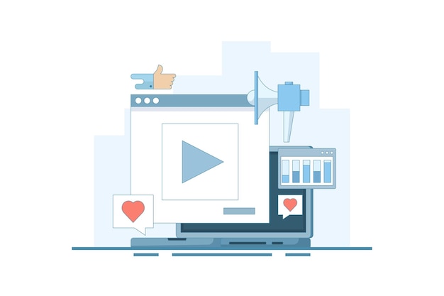 Ilustração vetorial sobre o conceito de anúncio de vídeo nas redes sociais ou promoção de marca nas redes sociais