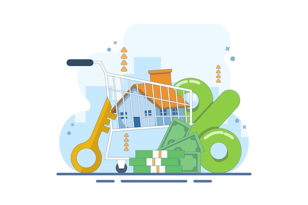 Ilustração vetorial sobre o conceito de casa para venda ou compra de propriedade