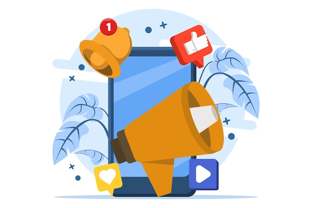 Ilustração vetorial sobre o conceito de marketing nas redes sociais ou campanha de promoção digital
