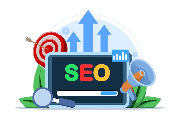 Ilustração vetorial sobre o conceito de otimização de motores de busca ou crescimento de SEO