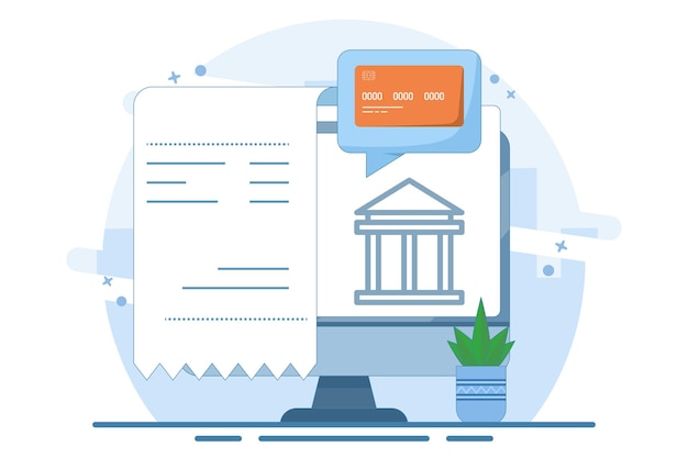 Ilustração vetorial sobre o conceito de pagamento on-line no computador ou pagamento de grande conta através de cartão de pagamento