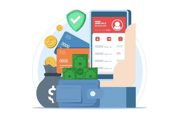 Ilustração vetorial sobre o conceito de serviços bancários em linha e pagamentos móveis ou login para a conta bancária
