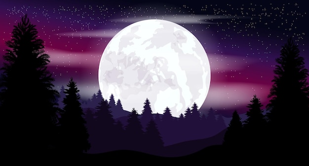 Ilustração vetorial sombria lua paisagem noturna céu estrelado nas nuvens floresta noturna