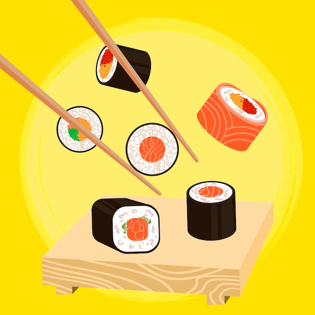 Ilustração vetorial Sushi Rolls cozinha japonesa brilhante fundo amarelo e sushi