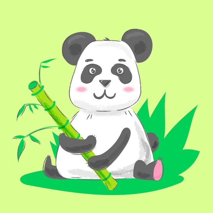 Vetor ilustração vetorial texturizada de um filhote de panda engraçado sentado na grama segurando um caule de bambu