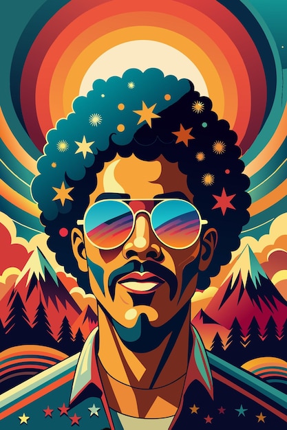 Ilustração vetorial vibrante de um homem de discoteca de estilo dos anos 70 com afro e óculos de sol