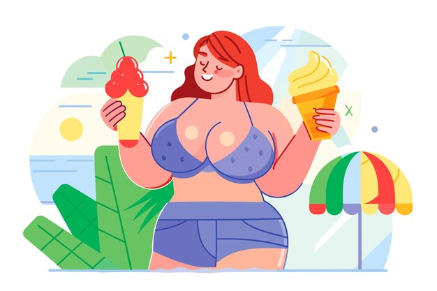 Ilustração vibrante de verão plano com mulher de biquíni segurando um cone de sorvete