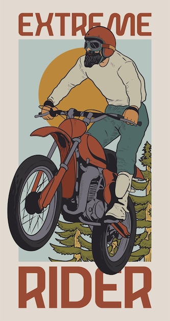 Vetor ilustração vintage de motociclista extremo barbudo para modelo de serigrafia