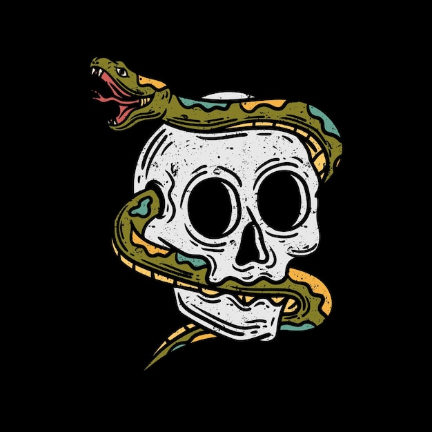 Ilustração vintage de uma cobra enrolada em um crânio