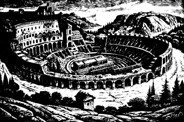 Vetor ilustração vintage detalhada das ruínas do antigo anfiteatro romano