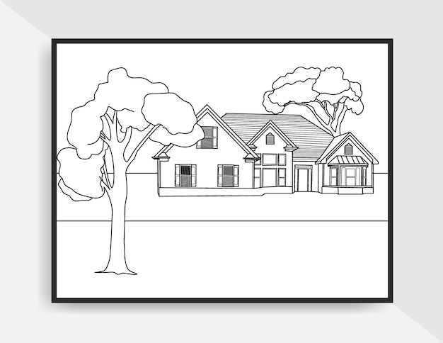 Ilustração vintage linha arte desenhada à mão da paisagem da casa para colorir