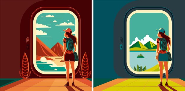 Vetor ilustracion de chica bajando de avion a la aventura