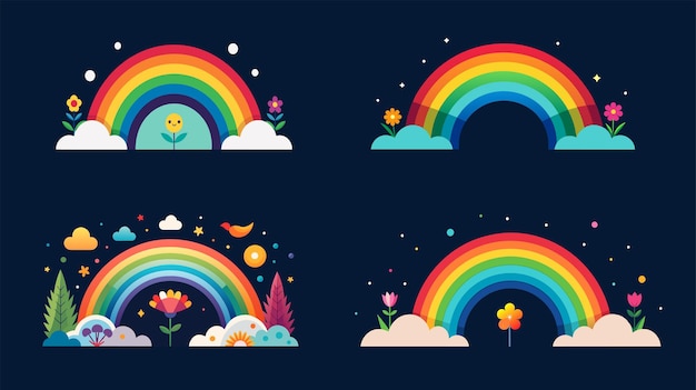 Ilustrações coloridas de arco-íris com flores e estrelas