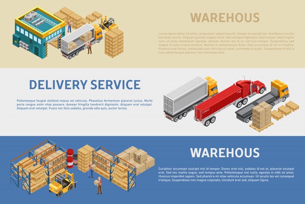 Ilustrações de armazém e serviço de entrega com descrições