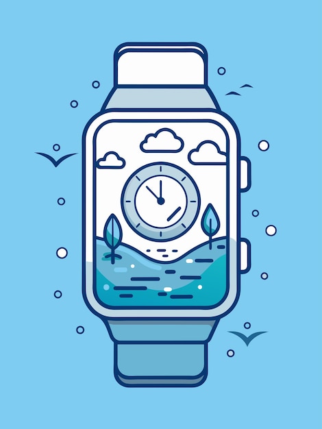 Vetor ilustrações de arte de linha de um smartwatch com um fundo de água