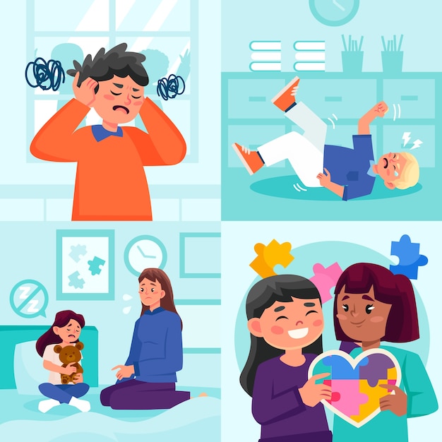 Ilustrações de autismo em design plano.