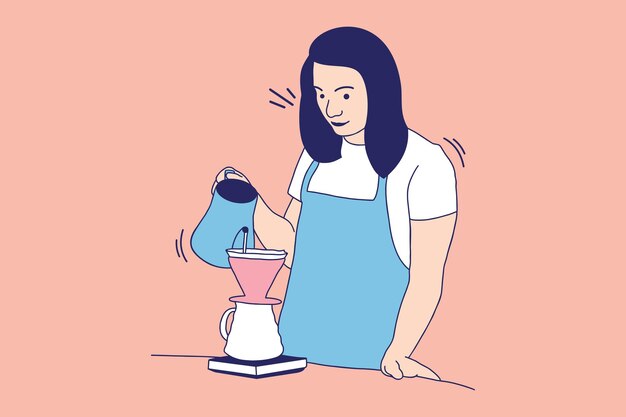 Ilustrações de bela barista feminina derrama água fervente no copo de café