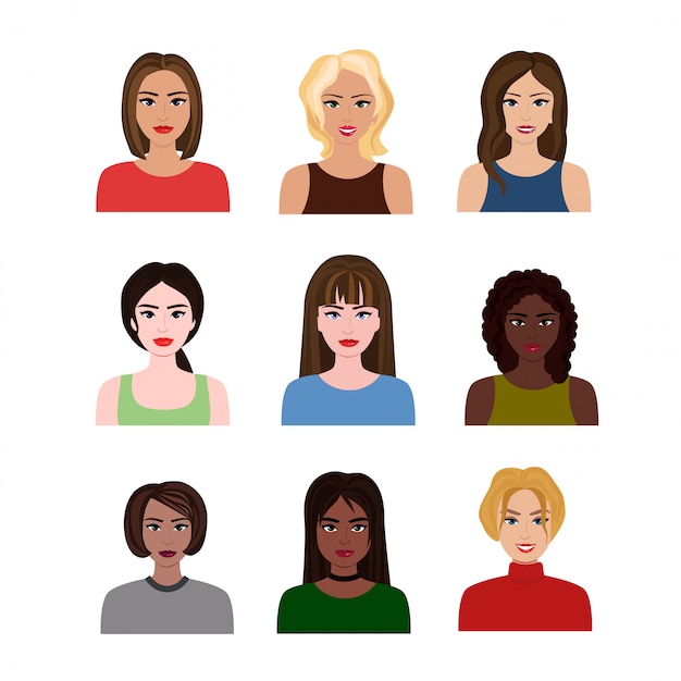 ilustrações de belas jovens meninas e mulheres nações diferentes, com vários estilos de cabelo. Avatares femininos em estilo cartoon plana