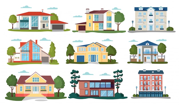 Ilustrações de casa moderna, apartamento casa dos desenhos animados, exterior da fachada do edifício residencial conjunto de ícones isolados no branco