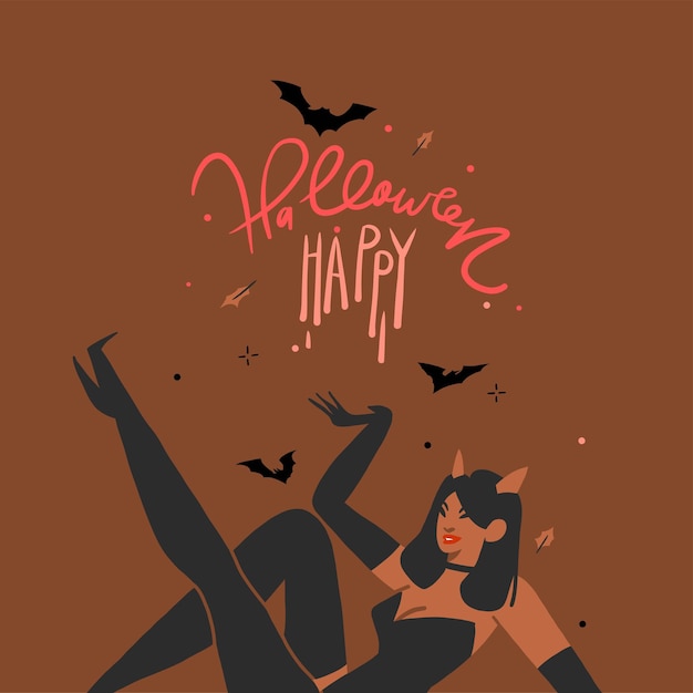 Ilustrações de clipart gráficas vetoriais abstratas desenhadas à mão, festa de fantasia de feriado de halloween, conjunto de coleção de personagens de pessoas adultas, conceito de cartaz de design de halloween assustador, arte contemporânea de halloween feliz