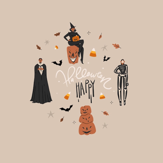 Ilustrações de clipart gráficas vetoriais abstratas desenhadas à mão, festa de fantasia de feriado de halloween, conjunto de coleção de personagens de pessoas adultas, conceito de cartaz de design de halloween assustador, arte contemporânea de halloween feliz