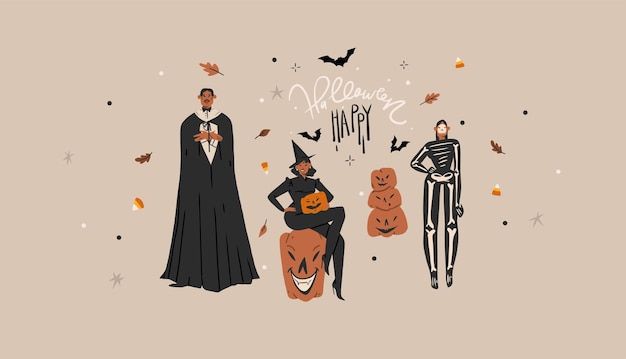 Vetor ilustrações de clipart gráficas vetoriais abstratas desenhadas à mão, festa de fantasia de feriado de halloween, conjunto de coleção de personagens de pessoas adultas, conceito de cartaz de design de halloween assustador, arte contemporânea de halloween feliz