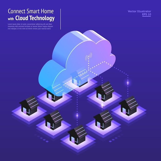Vetor ilustrações de conceito de rede digital com tecnologia em nuvem e solução de casa inteligente de serviço