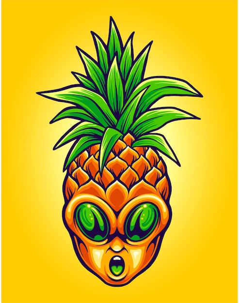 Ilustrações de desenhos animados de cabeça alienígena de frutas de abacaxi