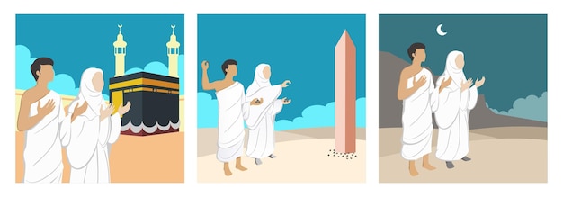 Ilustrações de desenhos animados muçulmanos Hajj Umrah Mecca Kaaba perfeito para calendários de ilustrações de livros