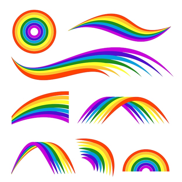 ilustrações de diferentes arco-íris isolam em branco. Modelo de logotipo. Arco colorido do arco-íris e logotipo da onda