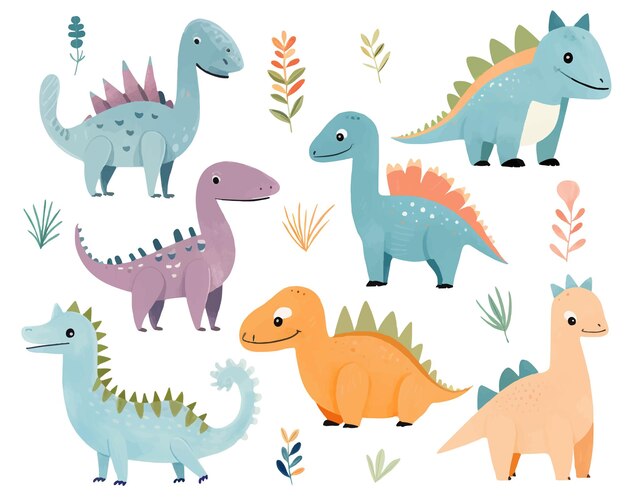 Ilustrações de dinossauros fofos conjunto vetorial de dinossauros desenhados à mão