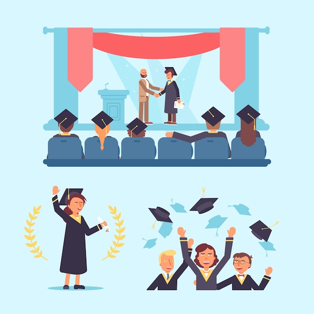 Vetor ilustrações de formatura definem estudantes universitários jogando bonés de formatura cerimônia de início aluno da faculdade fazendo discurso no palco