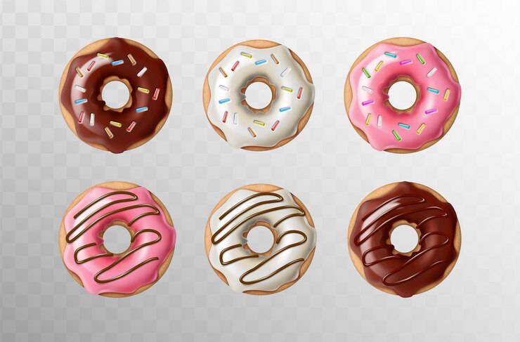 Vetor ilustrações de ícones vetoriais realistas conjunto de donuts frescos cozidos coloridos em chocolate