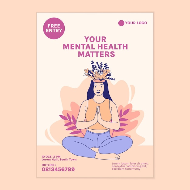 Vetor ilustrações de linda flor dentro da cabeça feminina para o modelo de cartaz do dia mundial da saúde mental