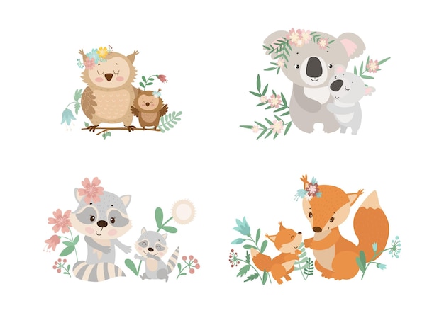 Ilustrações de mães de animais com babiesxa