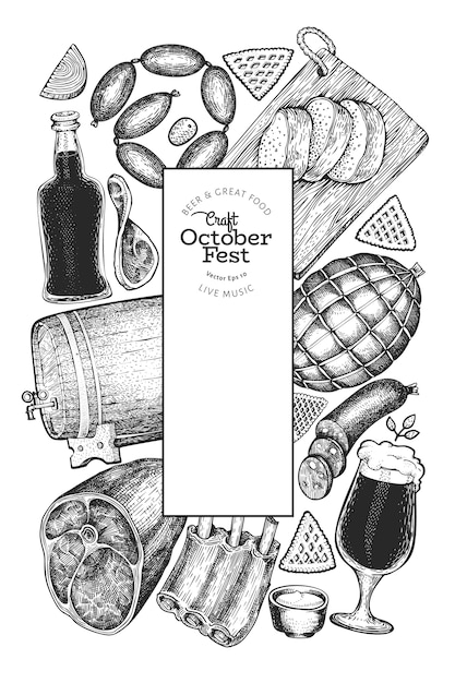 Ilustrações de mão desenhada de octoberfest. modelo de design do festival de cerveja de saudação em estilo retro. fundo de outono.