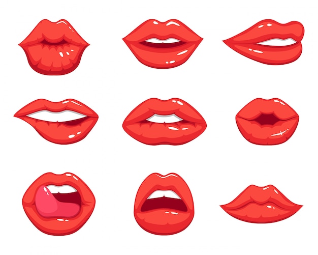 Ilustrações de maquiagem no estilo cartoon. Bela sorridente sexy lábios femininos