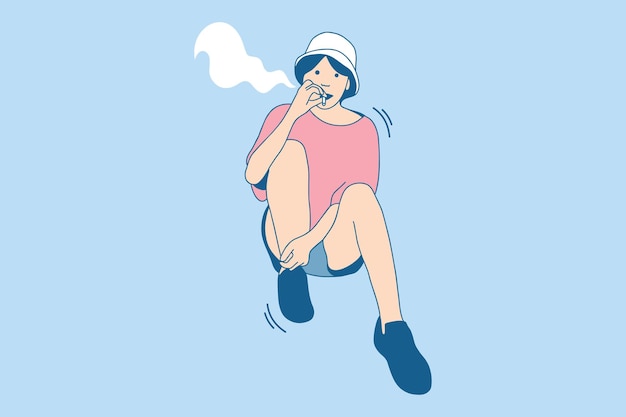 Ilustrações de mulher jovem e bonita com chapéu de balde gosta de cigarro no parque