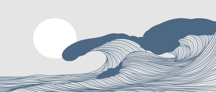 Vetor ilustrações de paisagens de ondas azuis do oceano com ondas do horizonte do mar do oceano e pôr do sol