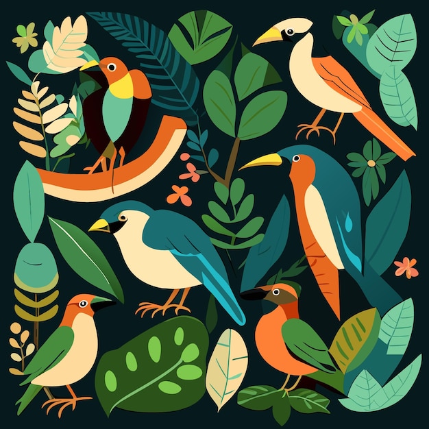 Vetor ilustrações de pássaros da floresta tropical, desenhos vetoriais coloridos